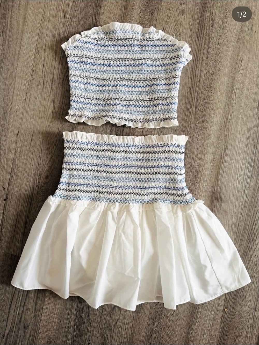 Smocked White Two-Piece Tube Top and Skirt Set with Light Blue Accents